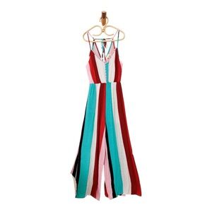 Girls Colorful Stripe Back Tie Pom Pom Sleeveless Jumpsuit